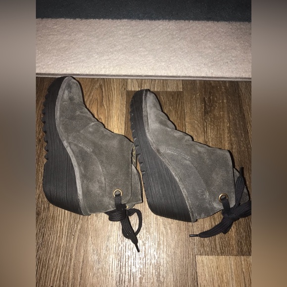 Fly London diesel grey suede ruched ankle boot
